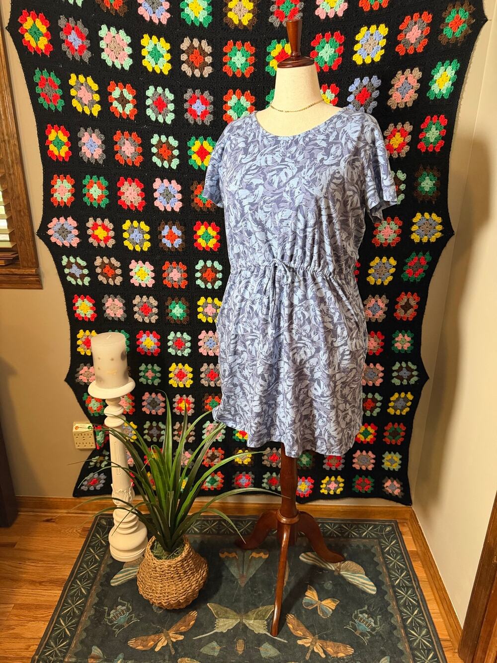 L.L.Bean Blue Botanical Leaf Print Drawstring Waist Dress Women’s XL